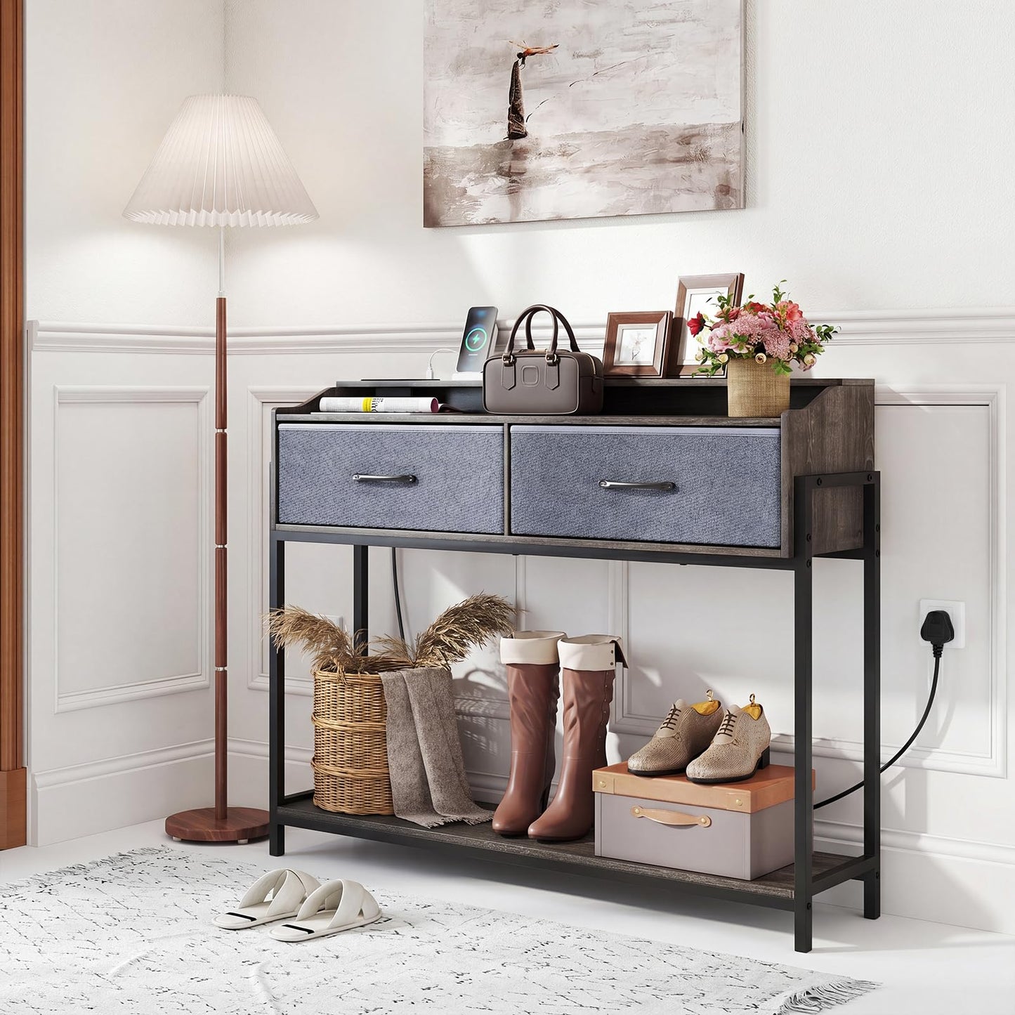 Console Table with Charging Station 110cm Entryway Table with 2 Drawers