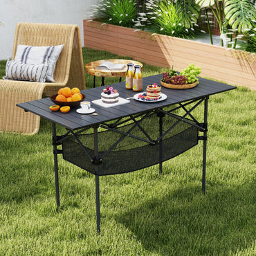 Patio Folding Camping Table Picnic Table with Aluminum Roll-up Tabletop