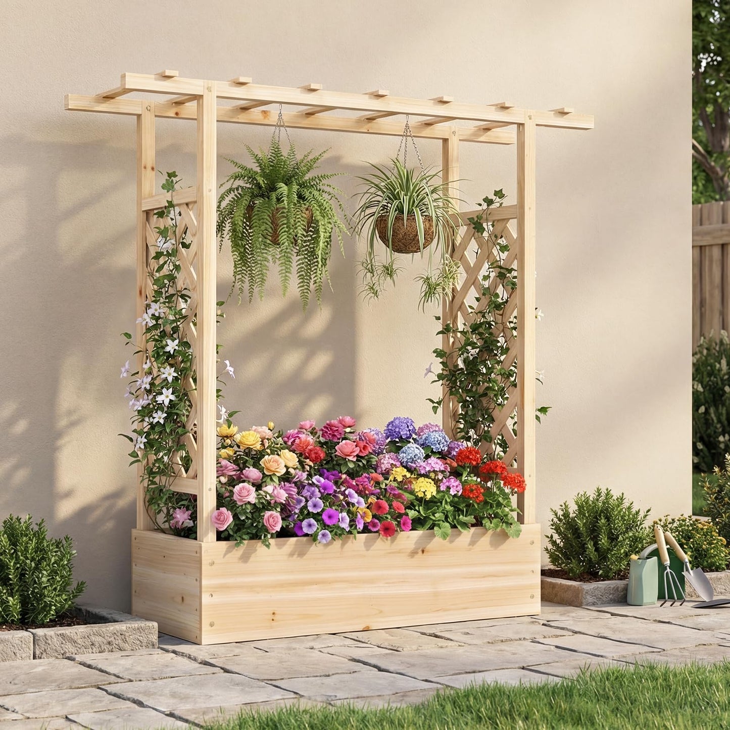 Garden Planter with Trellis, Hanging Roof and Drainage Holes