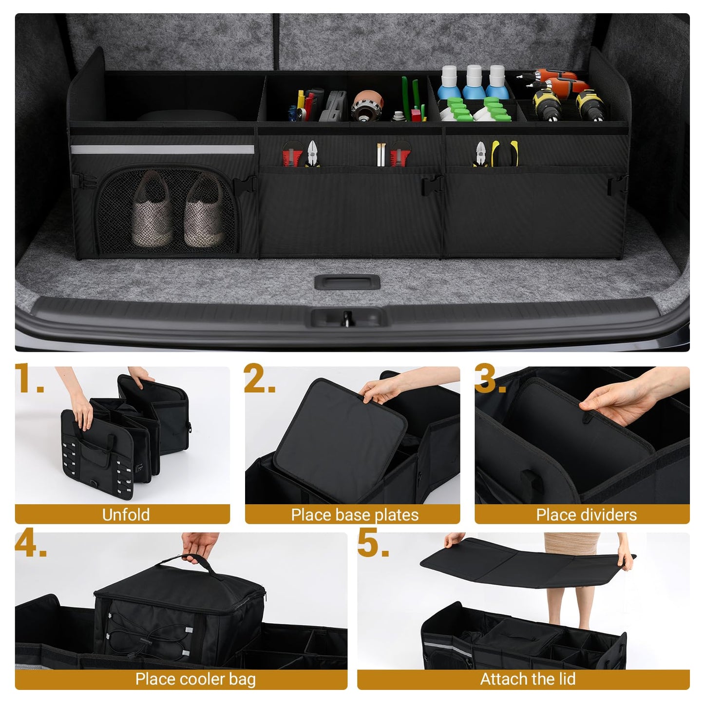 67 L Car Trunk Organizer with Lid 3-Compartment Portable Storage Box