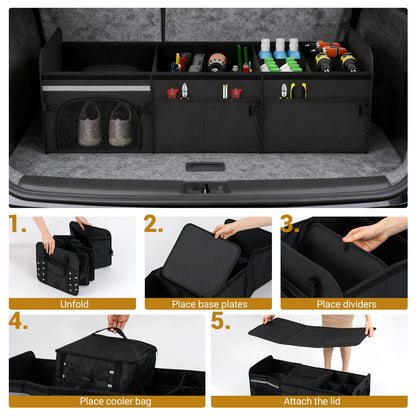 67 L Car Trunk Organizer with Lid 3-Compartment Portable Storage Box