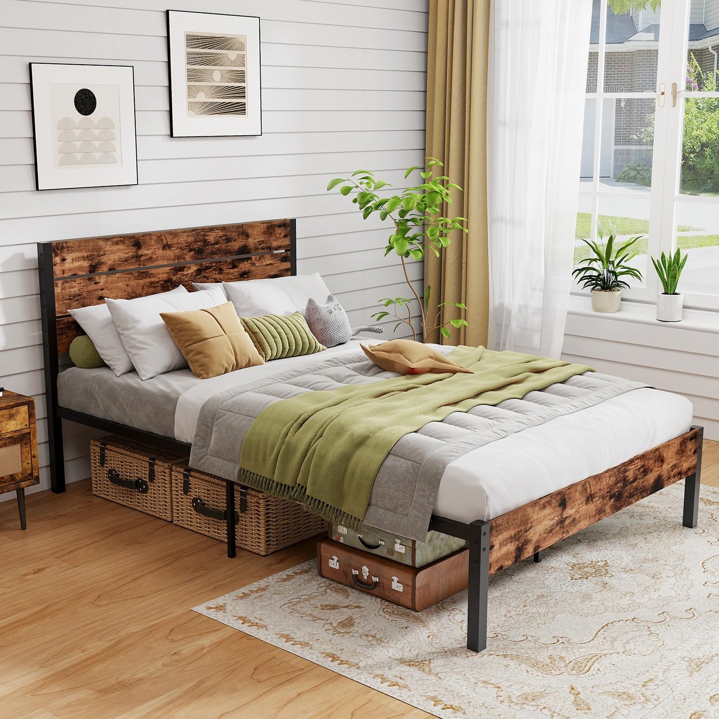 4FT6 Industrial Metal Platform Bed Frame with Wood Headboard & Underbed Storage
