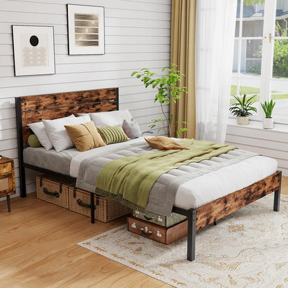 4FT6 Industrial Metal Platform Bed Frame with Wood Headboard & Underbed Storage