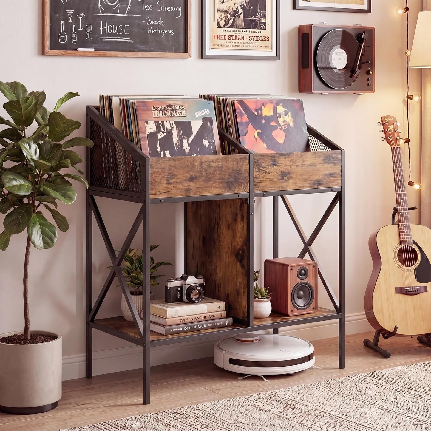 Record Player Stand, 2-Tier Turntable Stand End Side Table with 4 Display Shelves