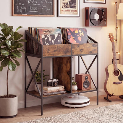 Record Player Stand, 2-Tier Turntable Stand End Side Table with 4 Display Shelves