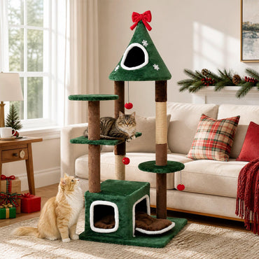 137 cm Christmas Cat Tree with 2 Condos & Removable Cushion