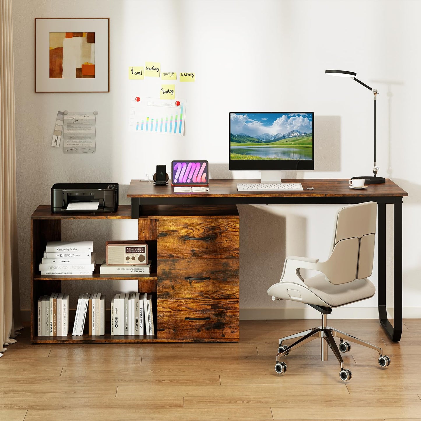 L Shaped Computer Desk with 3 Drawers and 2 Shelves, 140 cm Reversible Home Office Corner Desk