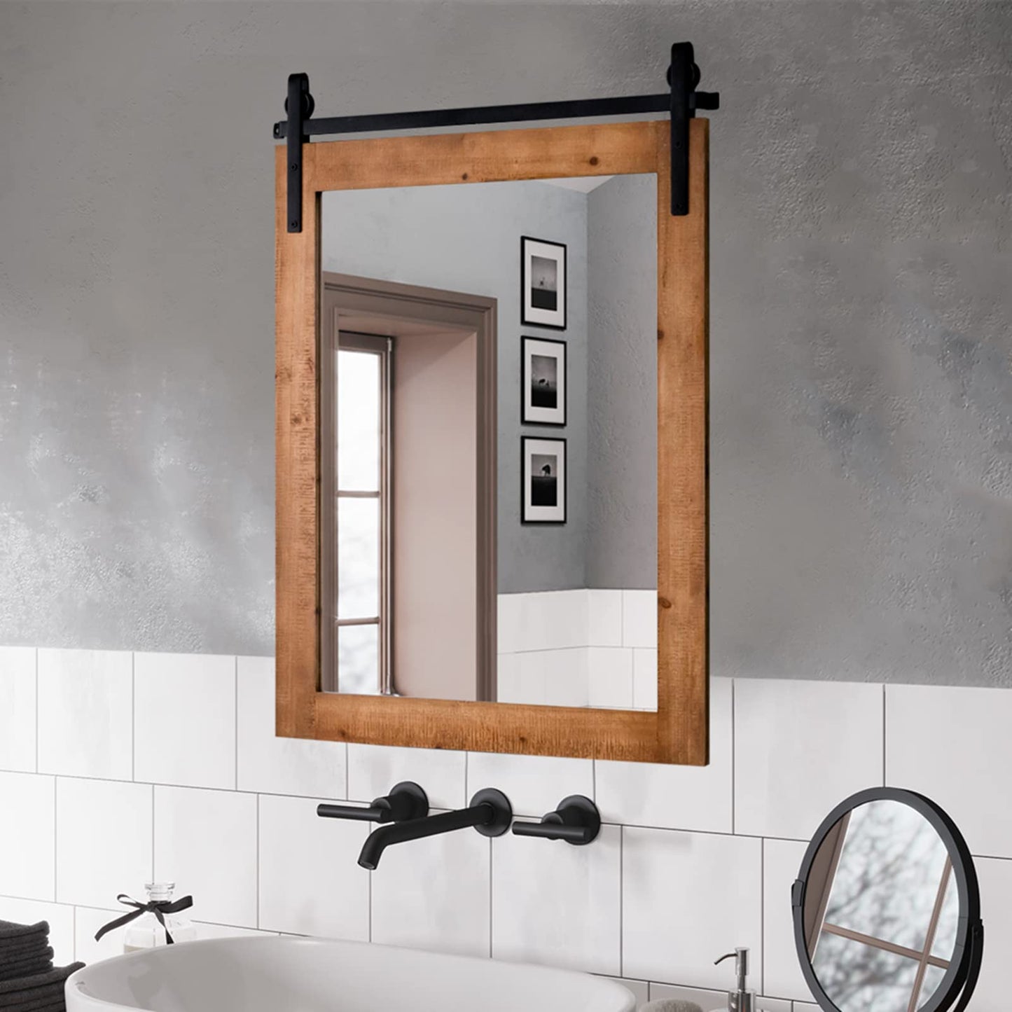 Wall Mounted Mirror with Solid Wood Frame and Metal Bracket