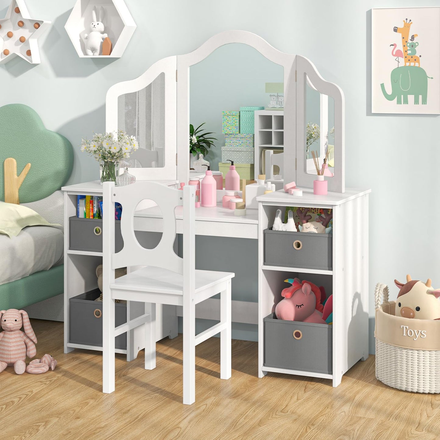 Kids Vanity Desk and Chair 2 in 1 Toddler Makeup Pretend Play Table