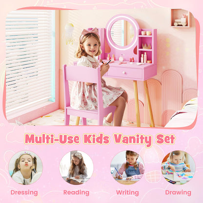 Kids Princess Vanity Desk Set with 2 Color LED Lighted Acrylic Mirror