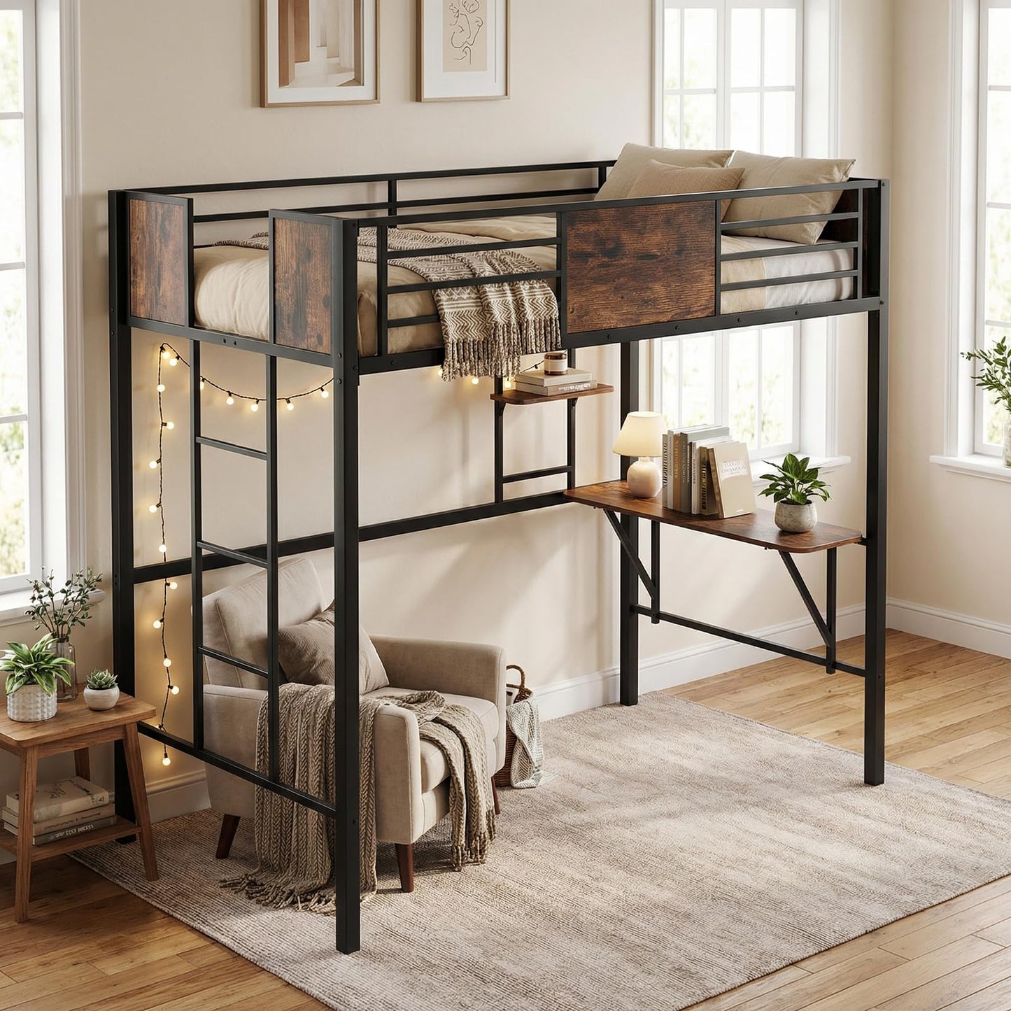Loft Bed Single Size Heavy Duty Metal Bedframe with Desk
