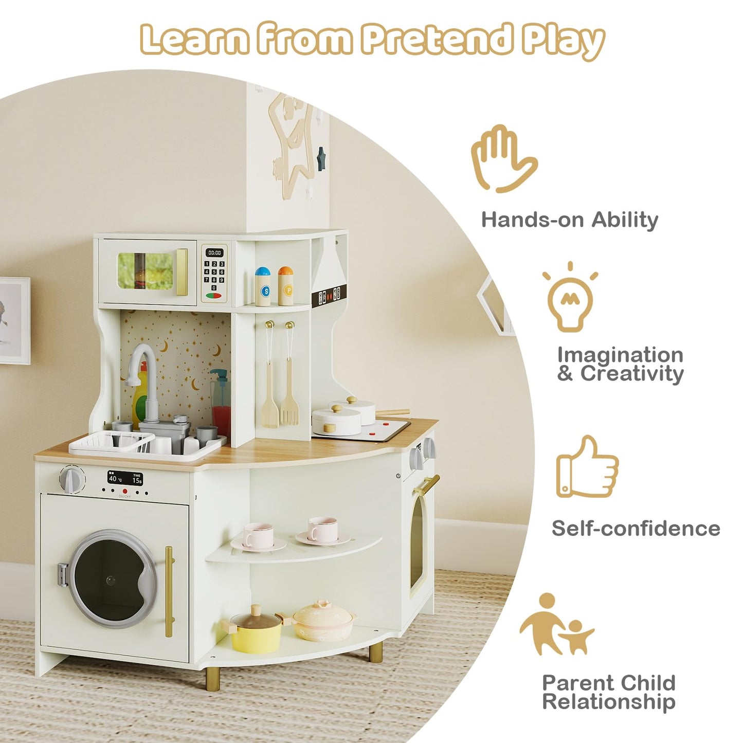 Wooden Corner Kitchen Playset with Working Faucet and Realist Sounds