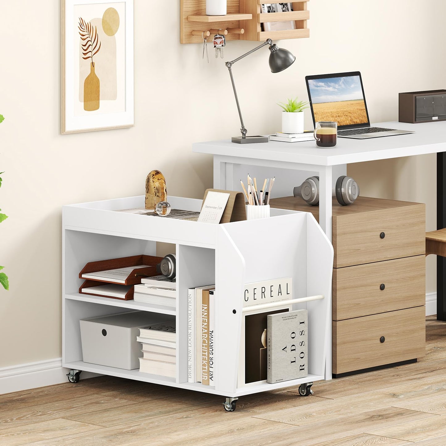 3 Tier Side End Table Rolling Nightstand with Universal Wheels