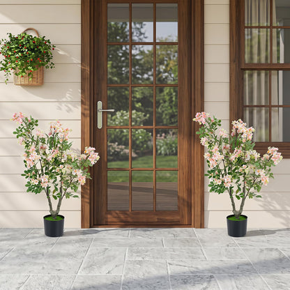 90 CM Artificial Impatiens Blossom Tree Faux Pink Floral Plant in Cement-filled Pot