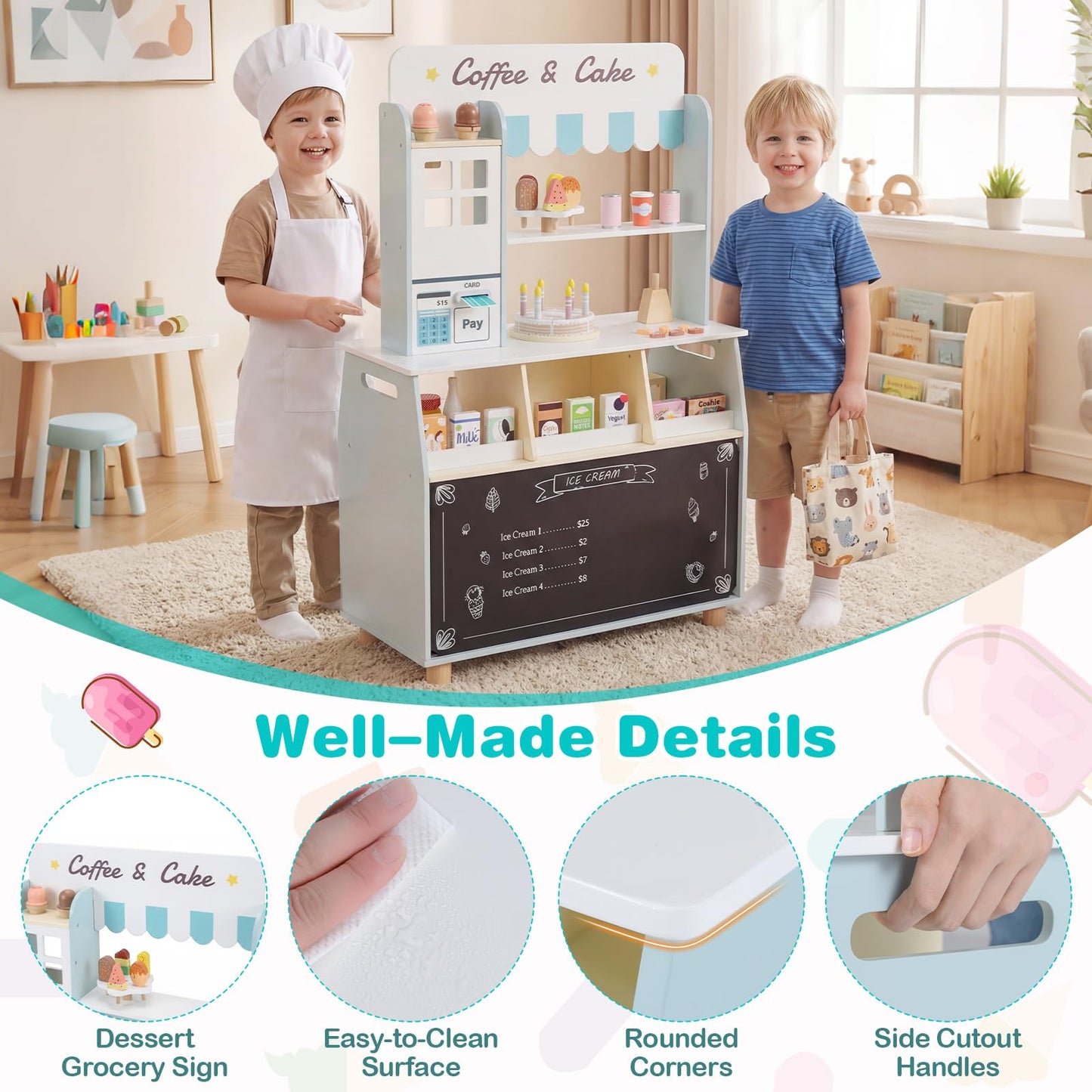 Kids Ice Cream Shop, Wooden Grocery Store Playset with 27 Accessories