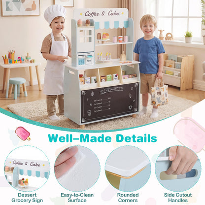 Kids Ice Cream Shop, Wooden Grocery Store Playset with 27 Accessories