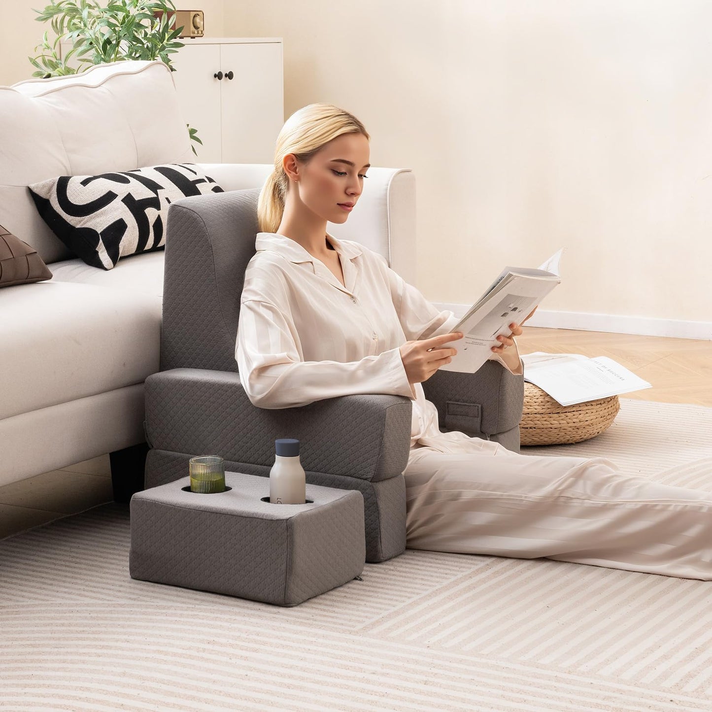 3-Piece Reading Pillow Set with Coaster Back Cushion and Storage Pocket