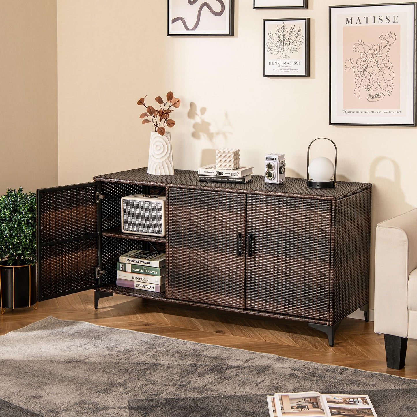 318 L Patio Wicker Storage Cabinet Deck Box with Removable Shelves