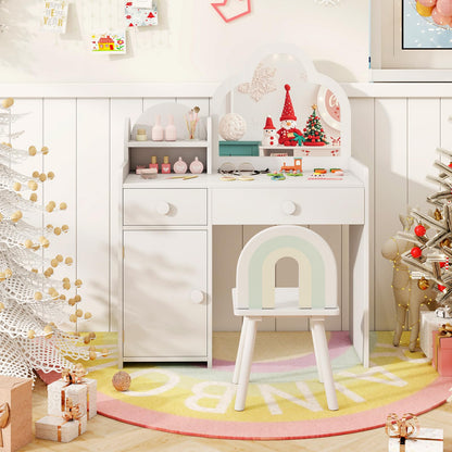 Kids Vanity Table and Chair Set with Cloud-shaped Mirror and Shelf Drawers