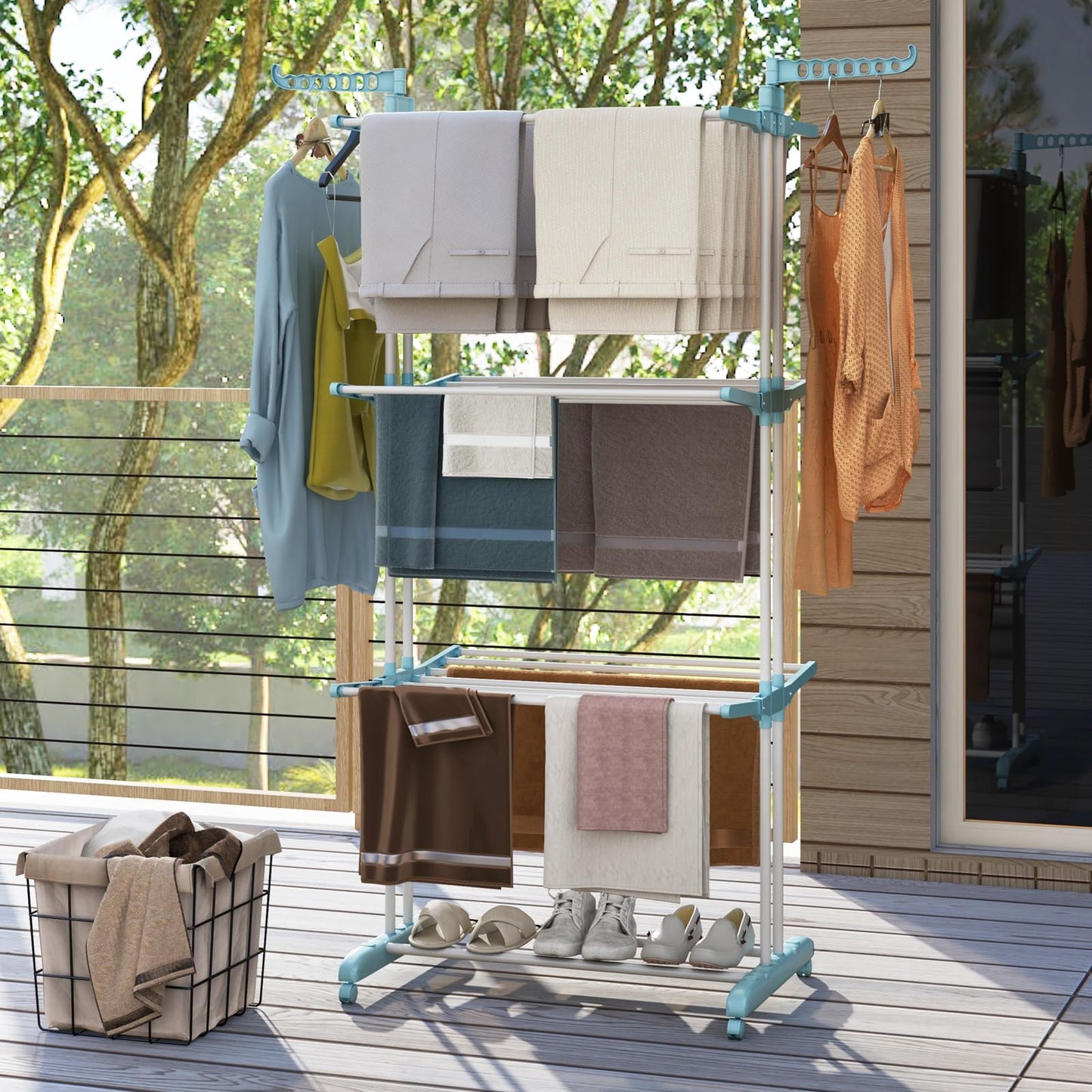 4 Tier Foldable Airer Clothes Drying Rack with Wings and Casters
