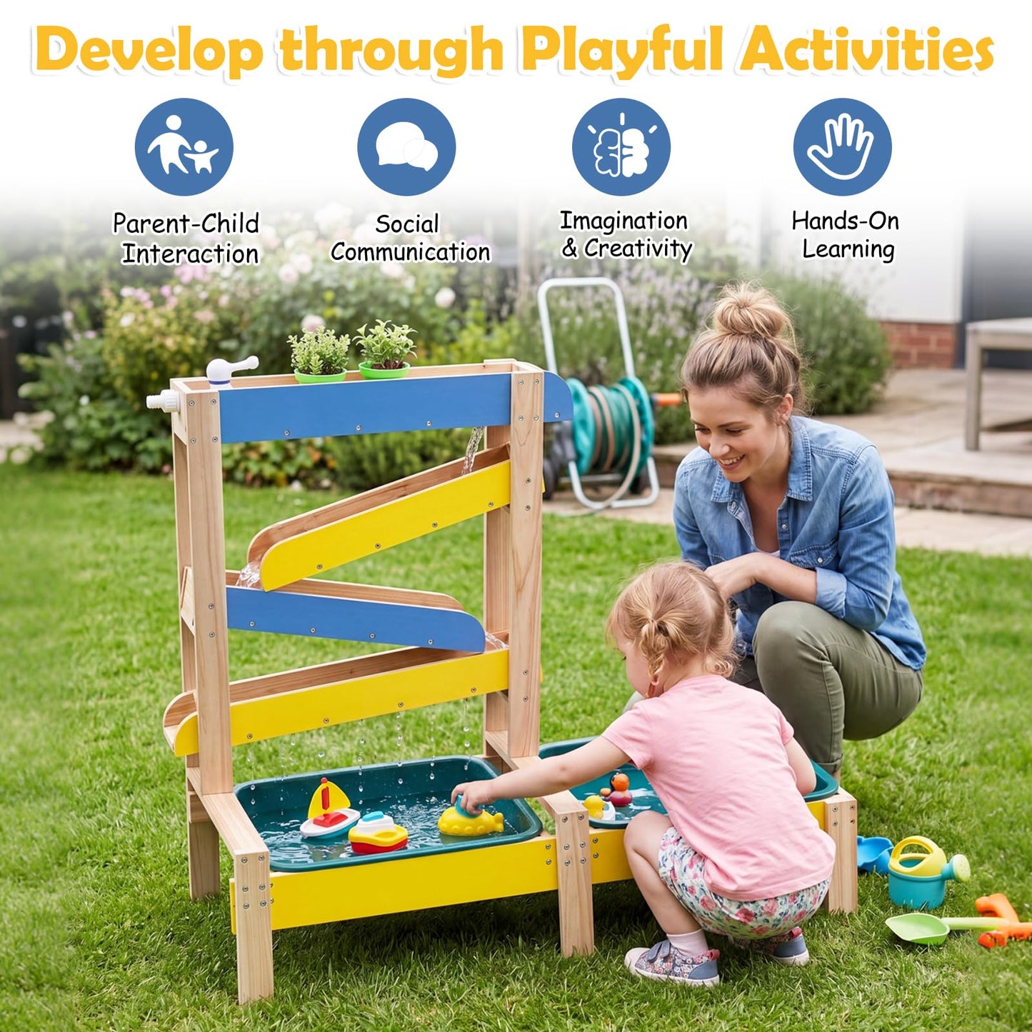 Fir Wood Montessori Sensory Play Activity Table with 2 Water Basin and Submarine Toys for Boys and Girls 3+