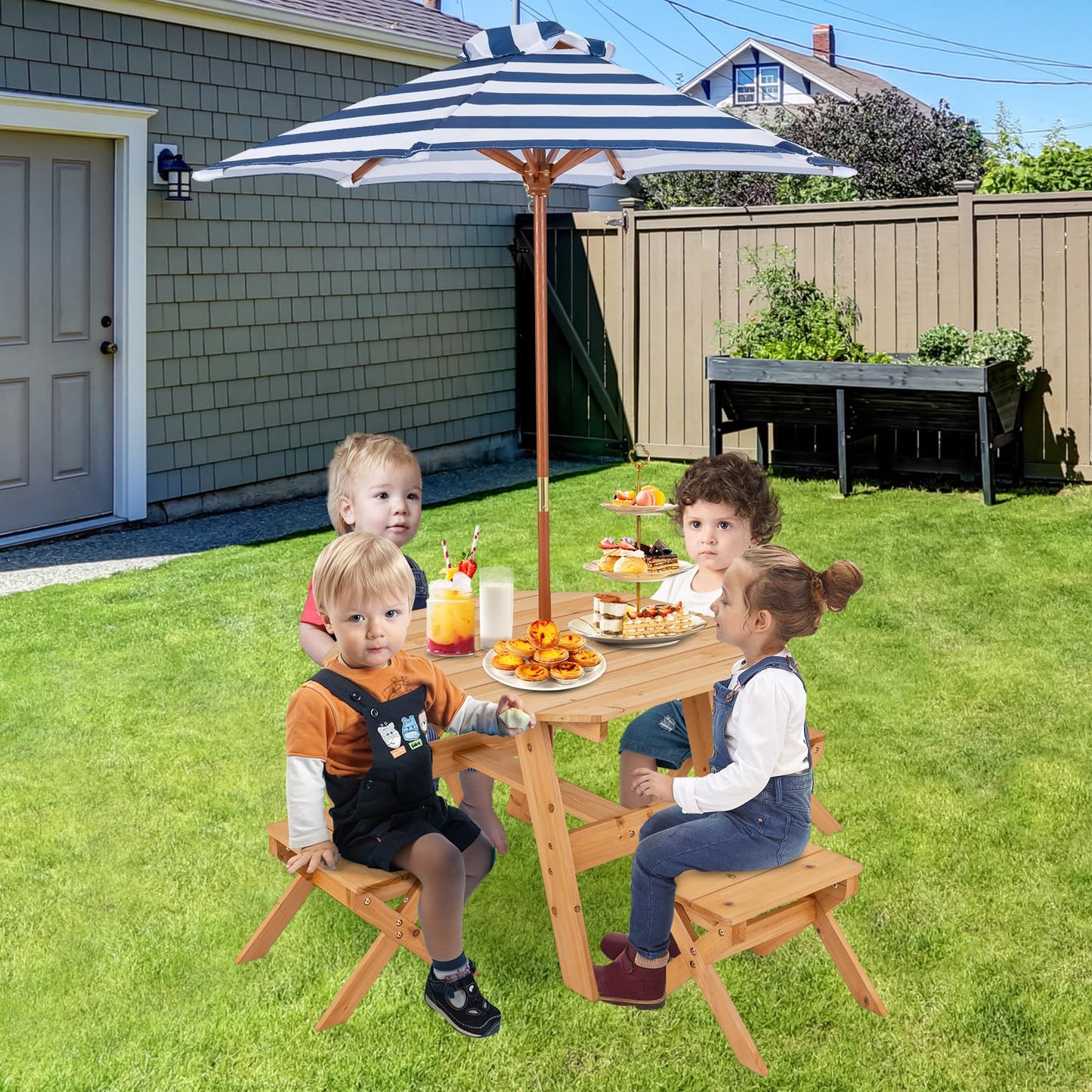 Wooden Kids Picnic Table and Benches Set with Foldable Parasol