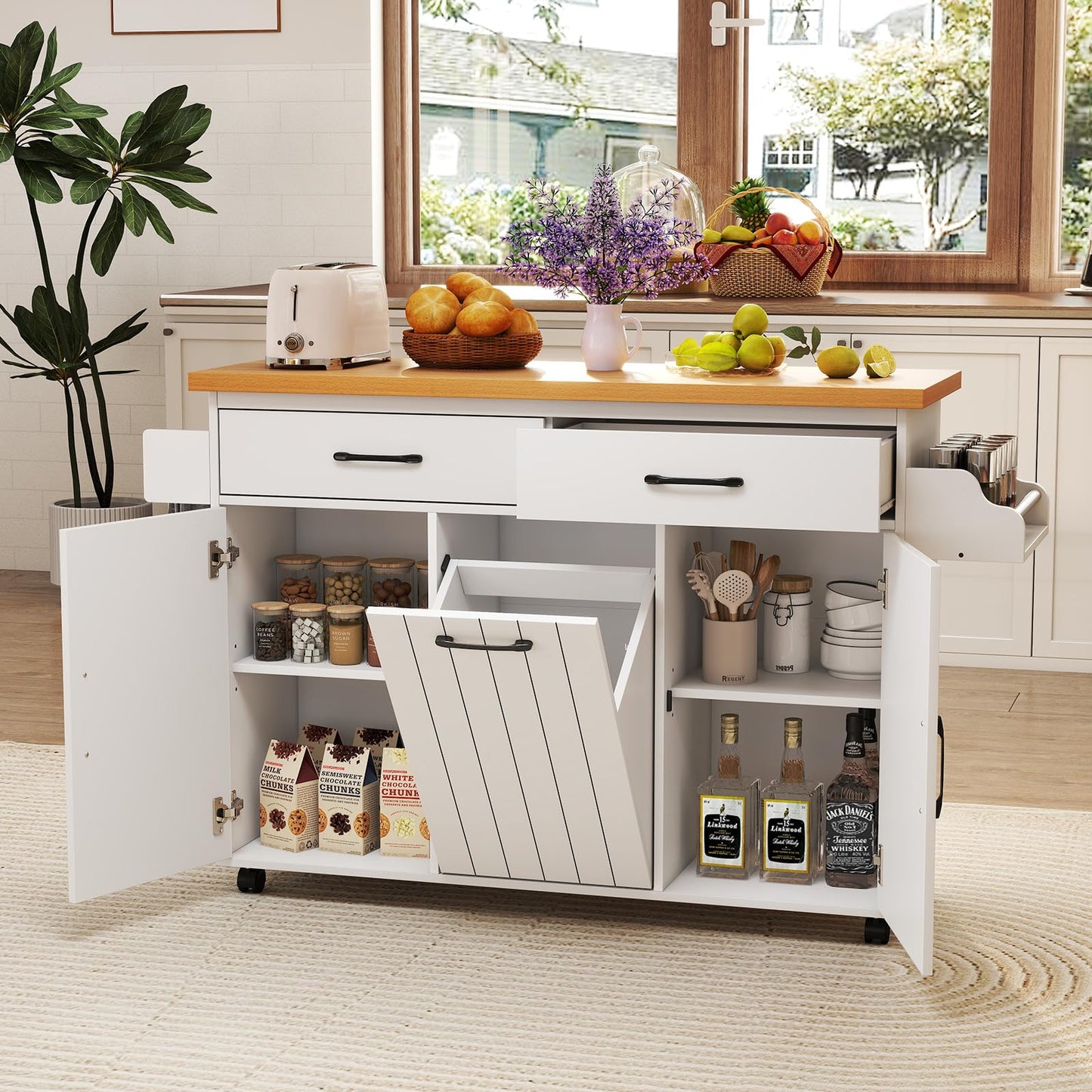 Mobile Kitchen Island with Trash Can Storage with 2 Drawers