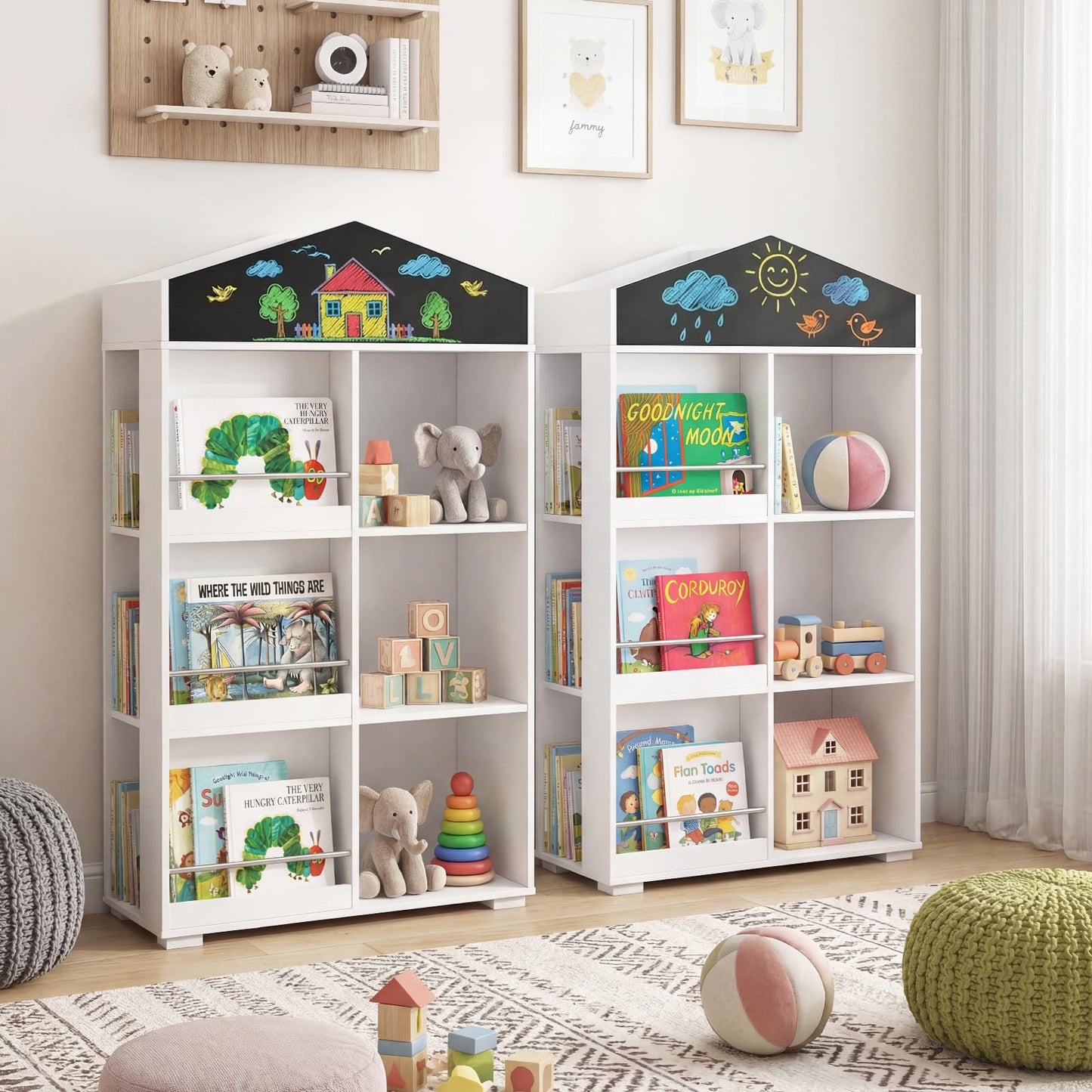 Kids Dollhouse Bookshelf with Chalkboard for Kids Room, Nursery, Playroom