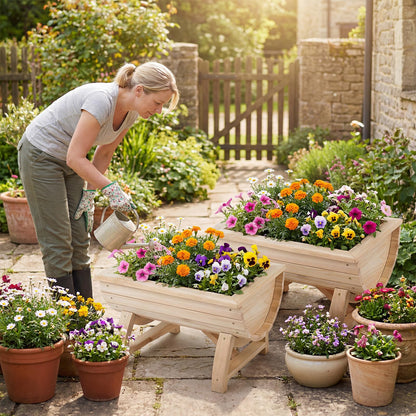 Set of 2 Raised Garden Bed, Half Barrel Fir Wood Planter Boxes with Legs
