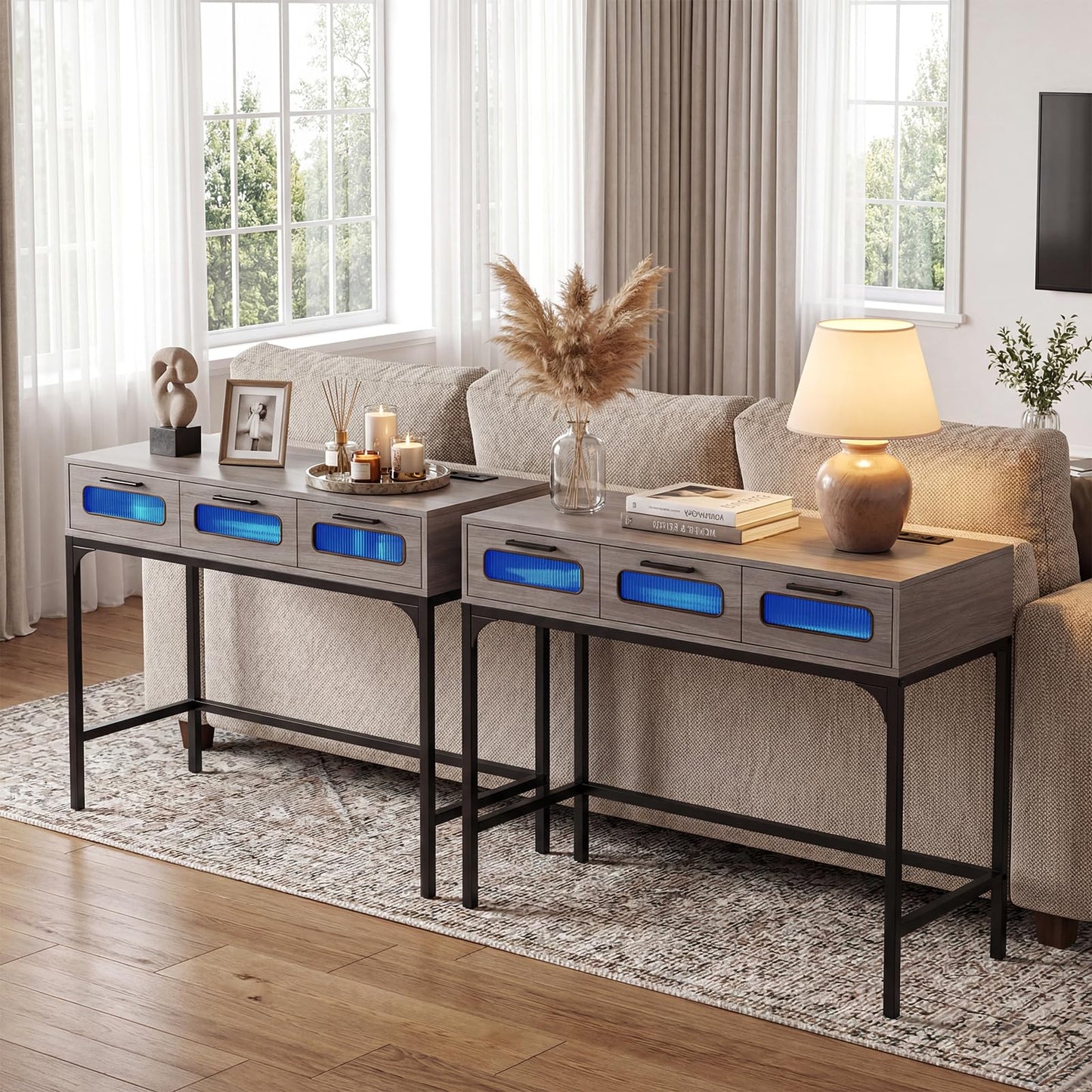 Console Table with LED Lights and Charging Station, 90cm Narrow Entryway Table with 3 Drawers