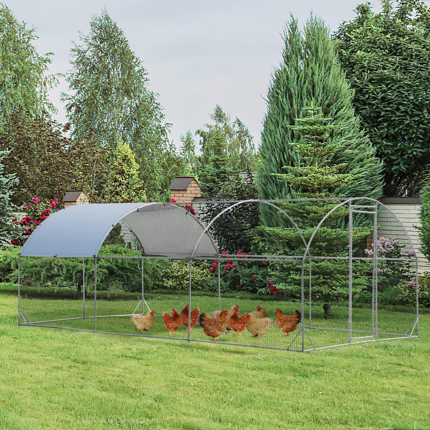 Galvanized Metal Walk-in Hen Run House with Waterproof Cover