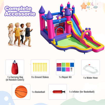 Inflatable Water Slide, Princess Themed Water Park with Long Slide, Jumping Area, Climbing Wall, Splash Pool, Basketball Hoop