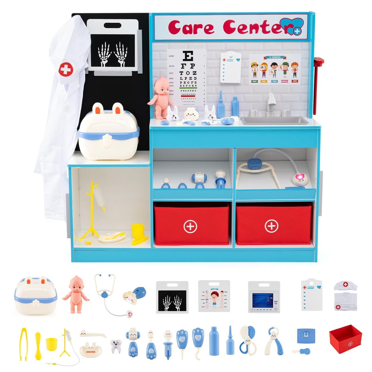 Wood Medical Center Toy Set with Examine Region and Height Measurer