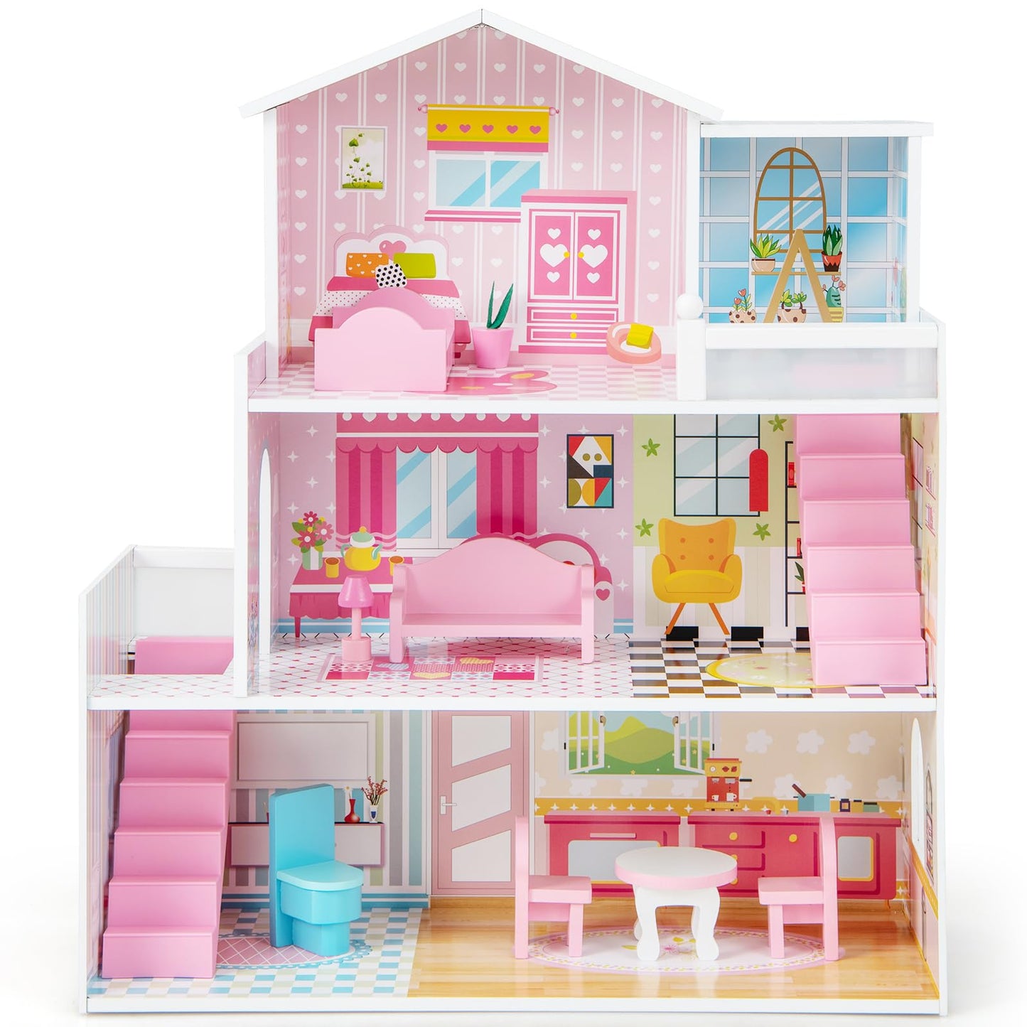 Kids Wooden Dollhouse DIY Pretend for Toddlers 3-7 Years Old