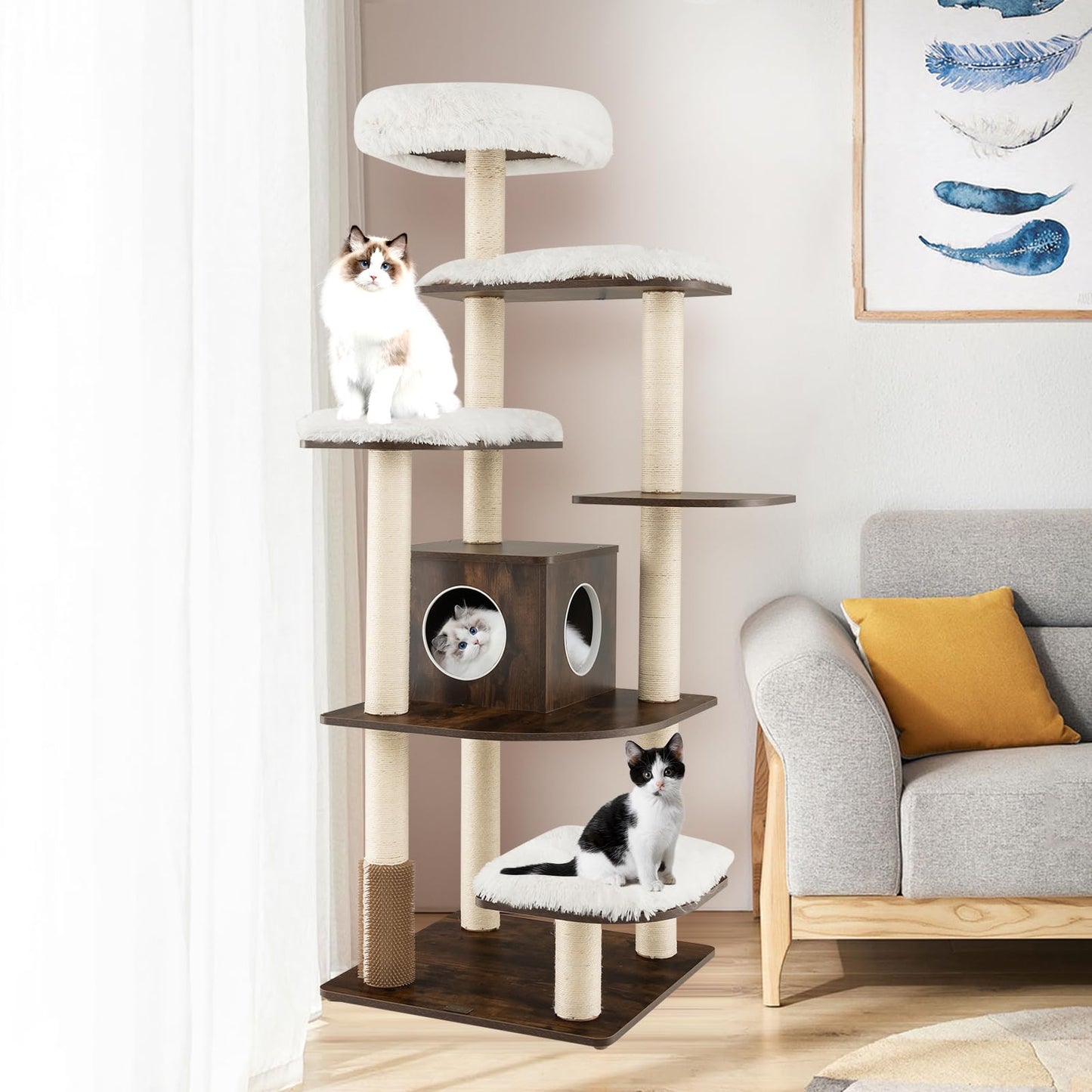 179 cm Tall Wooden Cat Tree with Sisal Scratching Posts