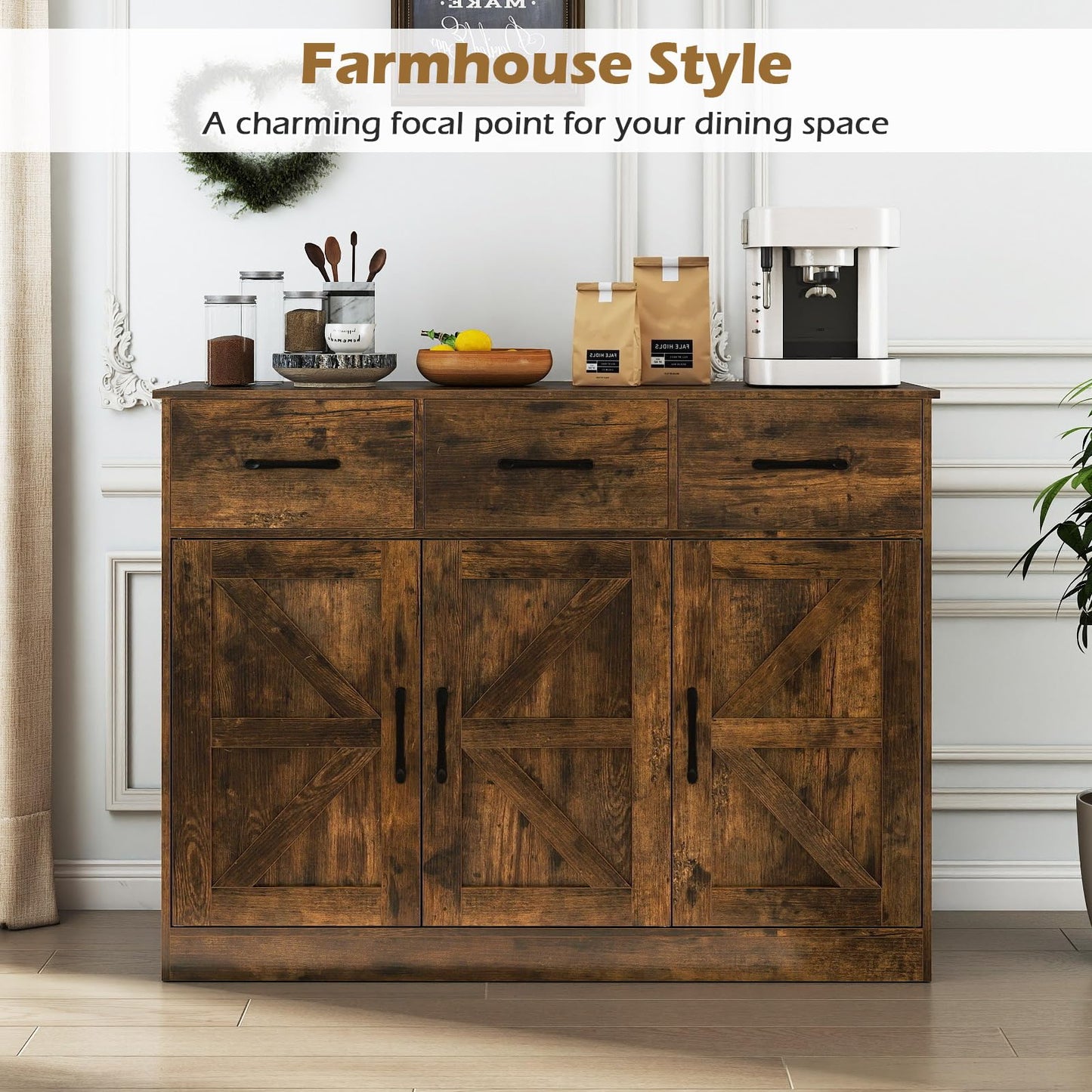 Sideboard Storage Cabinet, Large Kitchen Cupboard with Adjustable Shelf