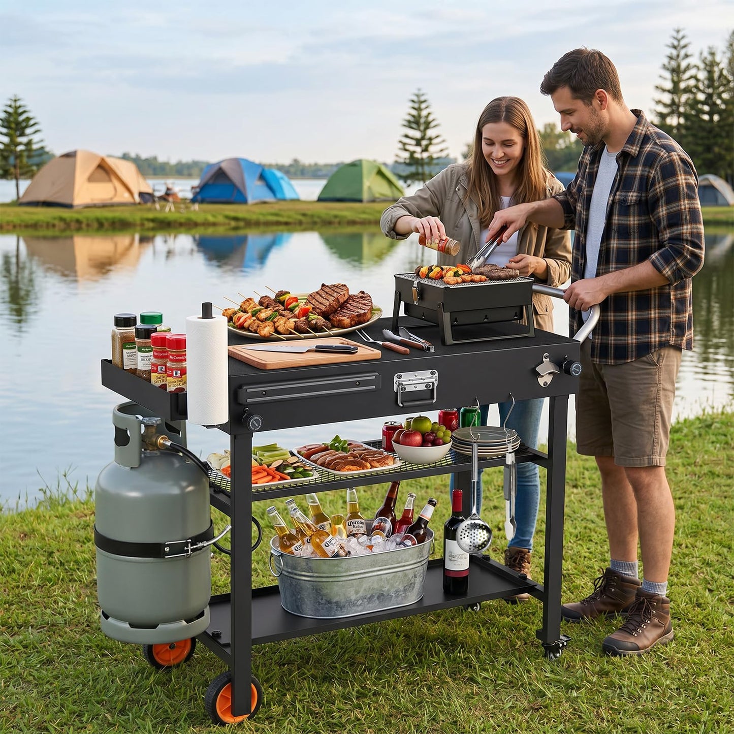 Portable Grill Table, Folding Grill Cart BBQ Prep Table with Heat-Resistant Mat