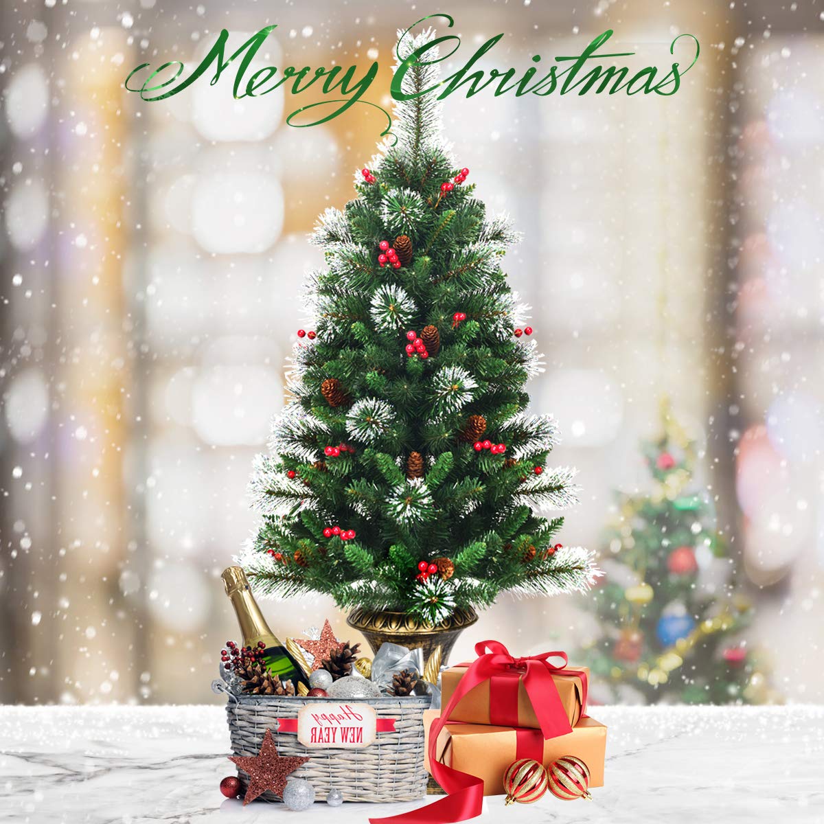 4FT Christmas Tree, Small Artificial Xmas Trees with Pine Cones and Base