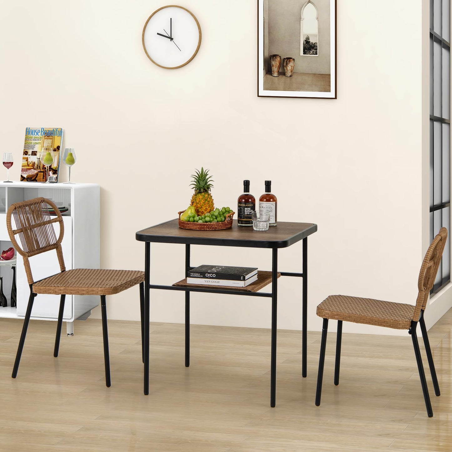 Outdoor Dining Table with 2 Varied-Size Stackable Rattan Chairs & Shelf