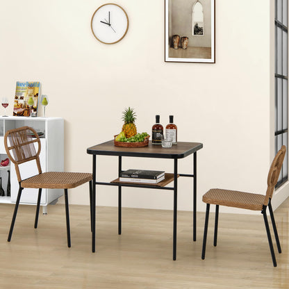 Outdoor Dining Table with 2 Varied-Size Stackable Rattan Chairs & Shelf