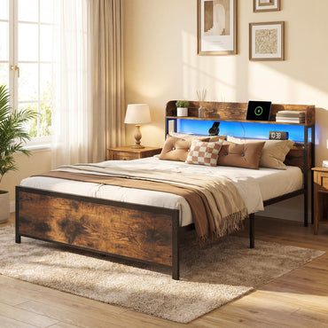 5FT King Size Bed Frame with RGB LED Lights, Charging Station