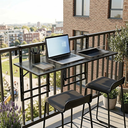 Set of 2 Hanging Balcony Table with 5-Level Adjustable Height for Round Square Railing