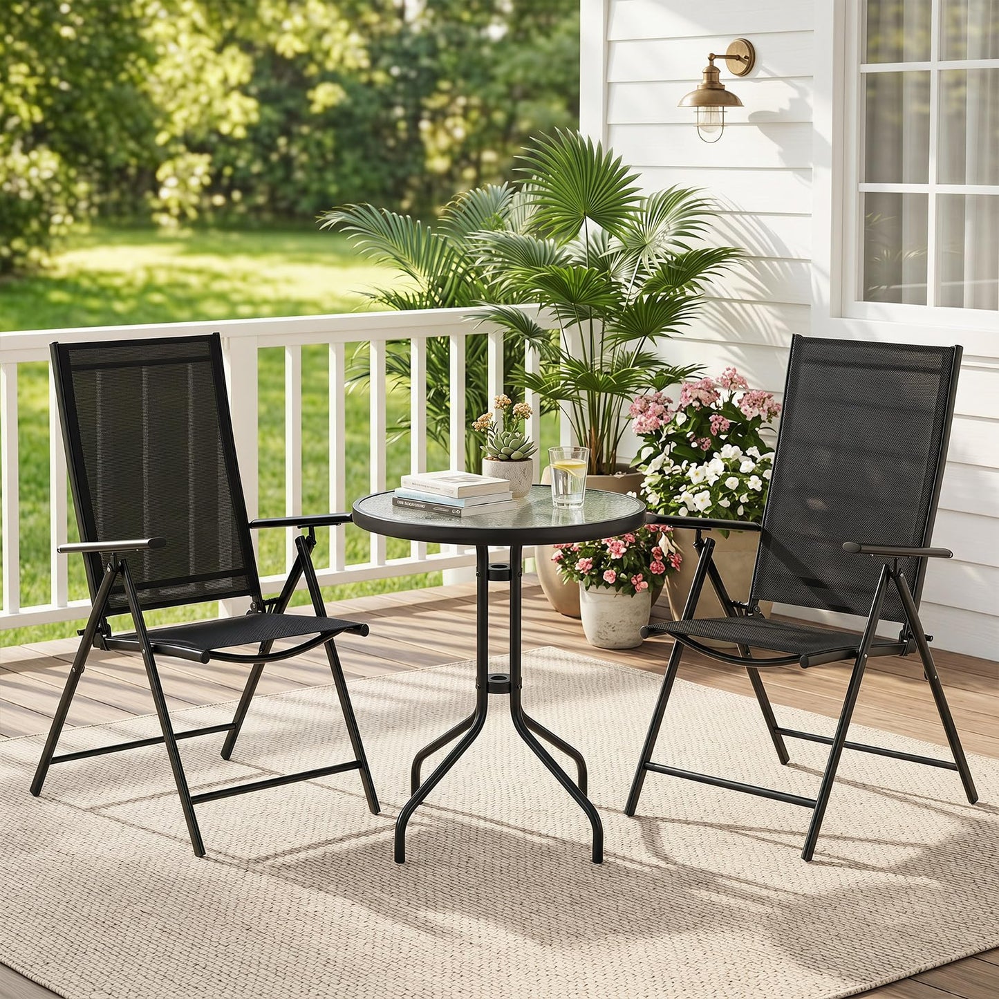 3 Piece Patio Bistro Set with Tempered Glass Coffee Table and Heavy Duty Metal Frame