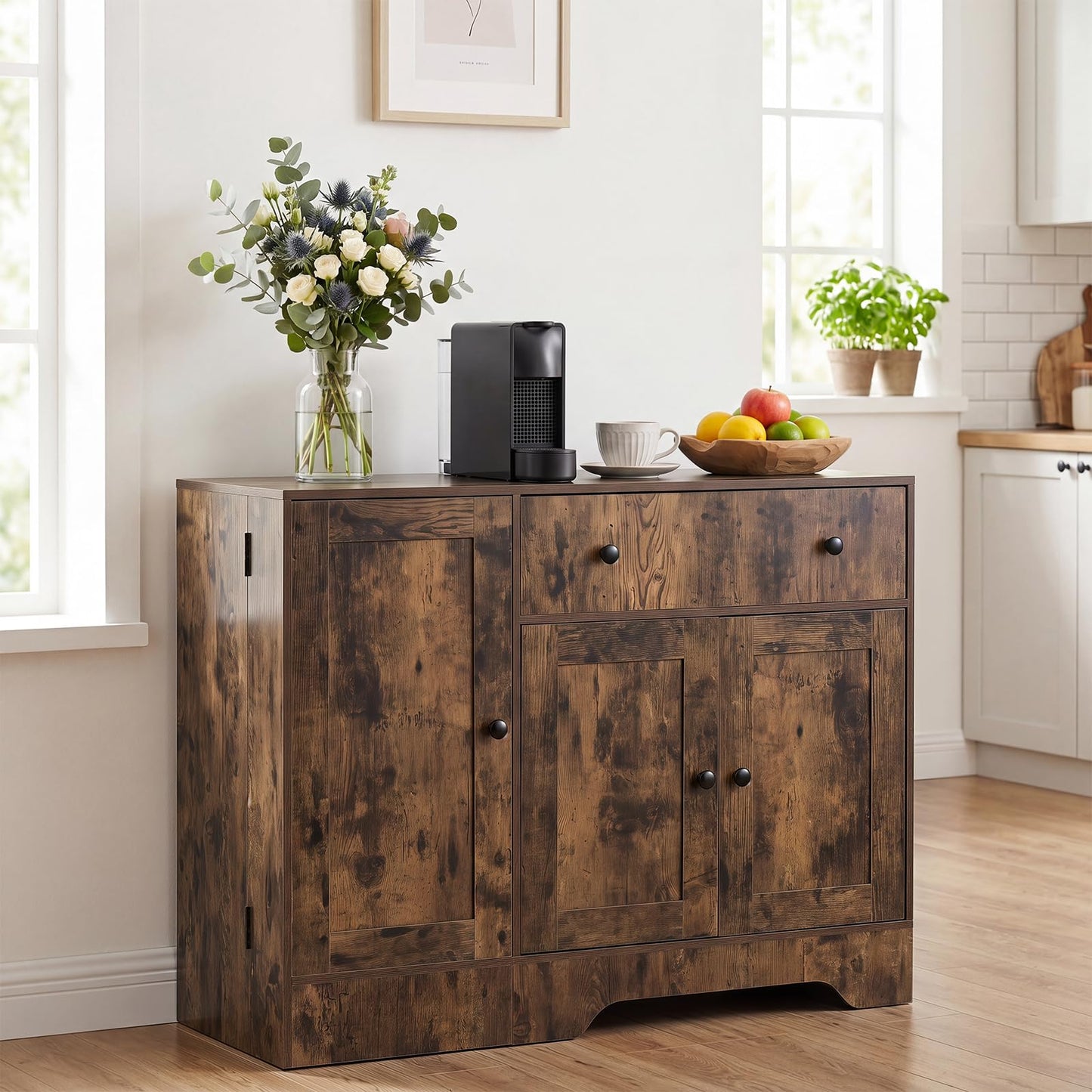 Storage Cabinet with 3 Doors, 3-Tier Side Rack & Lockable Wheel