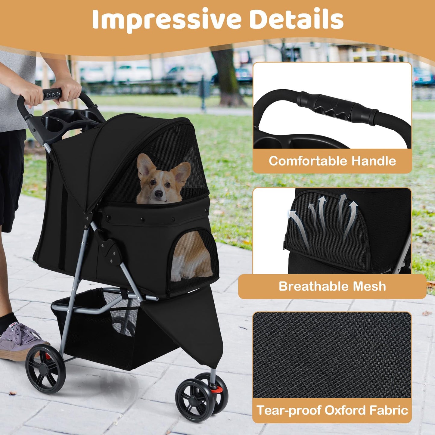 Pet Stroller with Adjustable Canopy and 3 Shock-absorbing Wheels