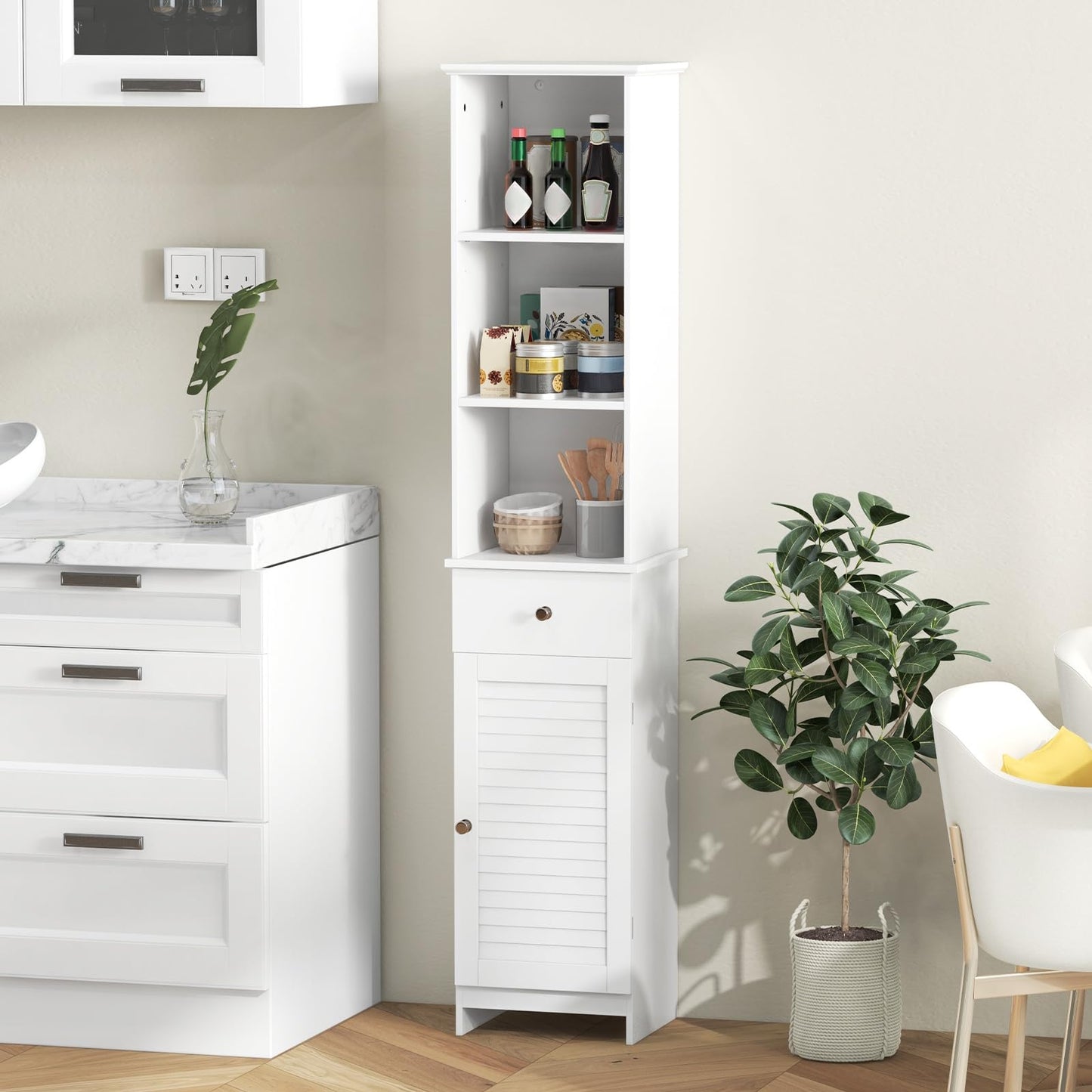 Wooden Freestanding Slim Storage Cupboard with Adjustable Shelves