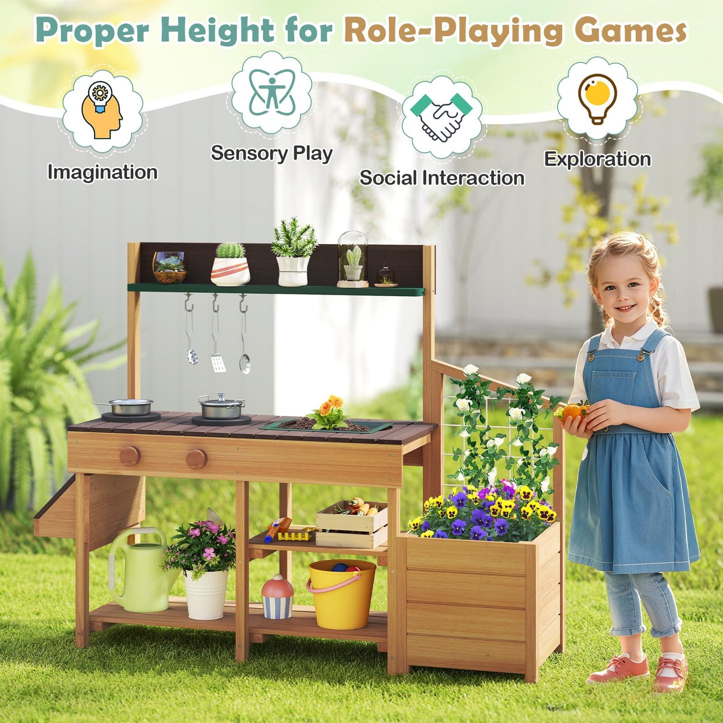 Pretend Mud Kitchen Play Kitchen with Removable Sink and Planter Boxes