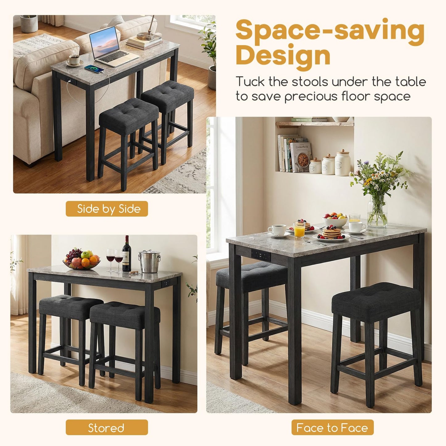 Bar Table Set with 2 Stools, 3 Pieces Breakfast Bar Set with Power Outlets