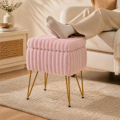 Faux Fur Ottoman with Metal Legs and 2-in-1 Design for Living Room Bedroom