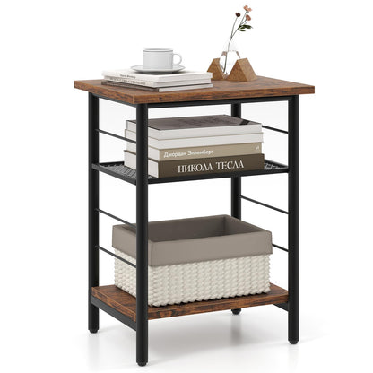 3 Tier Side Table with Height Adjustable Metal Mesh Shelf